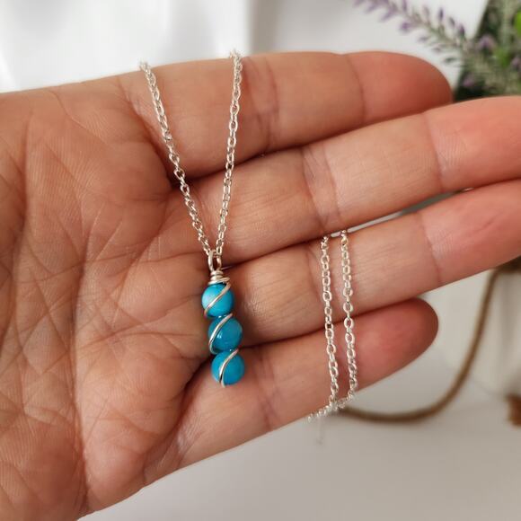 Silver Dainty Turquoise Seashell Bar Necklace / Wire Wrapped Pendant Necklace - Picture 6 of 7